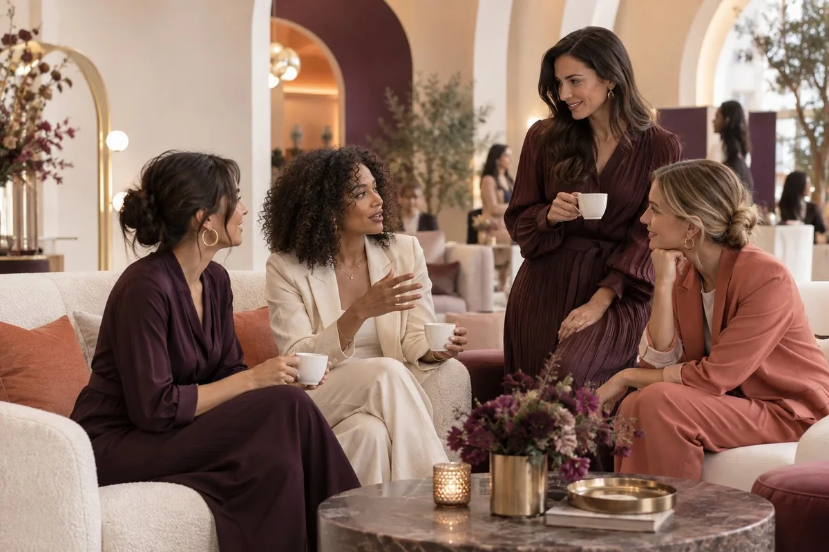 Café mit vier Frauen im Austausch.