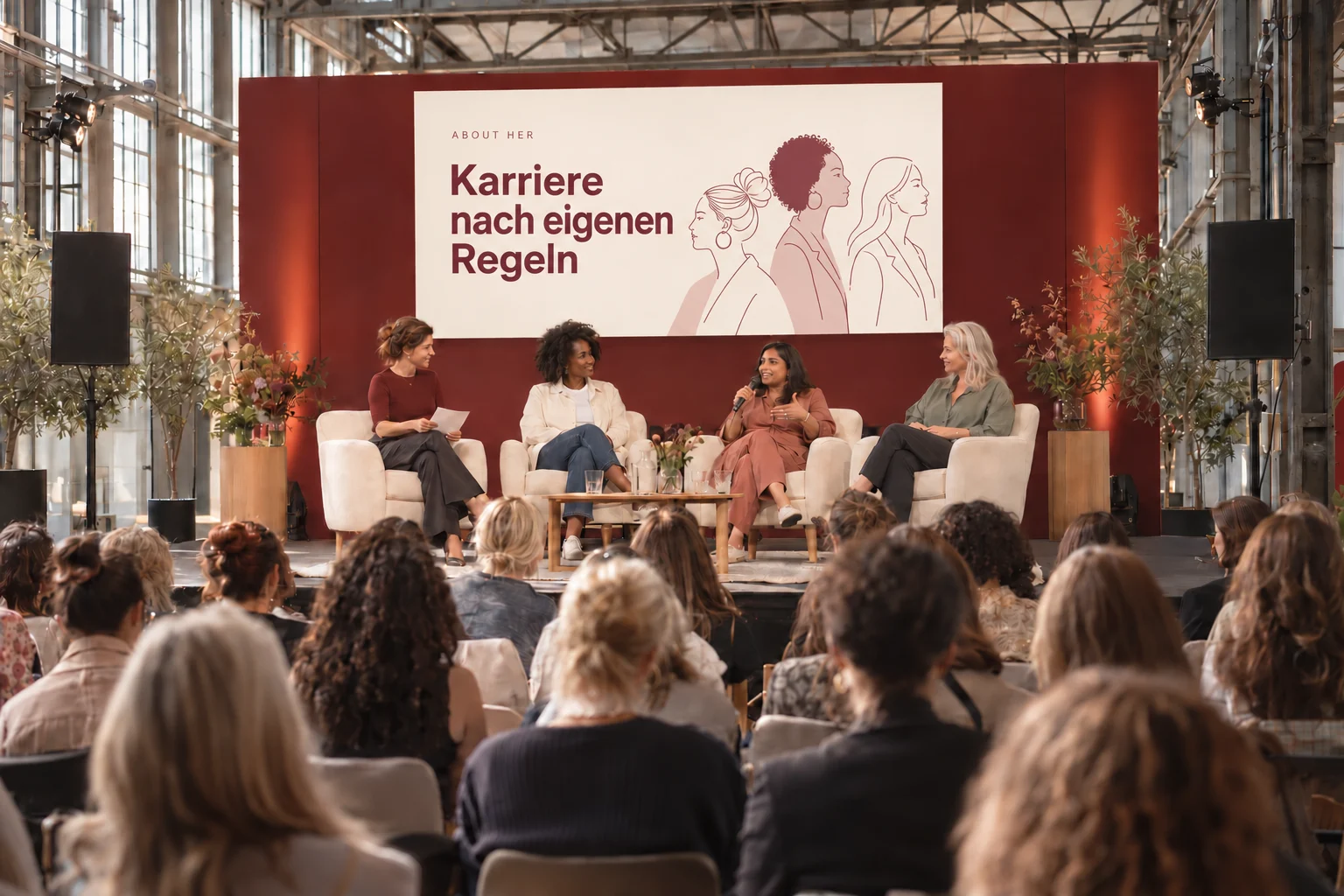 Vier Frauen diskutieren auf der Mainstage vor Publikum. Der Screen zeigt «Karriere nach eigenen Regeln».